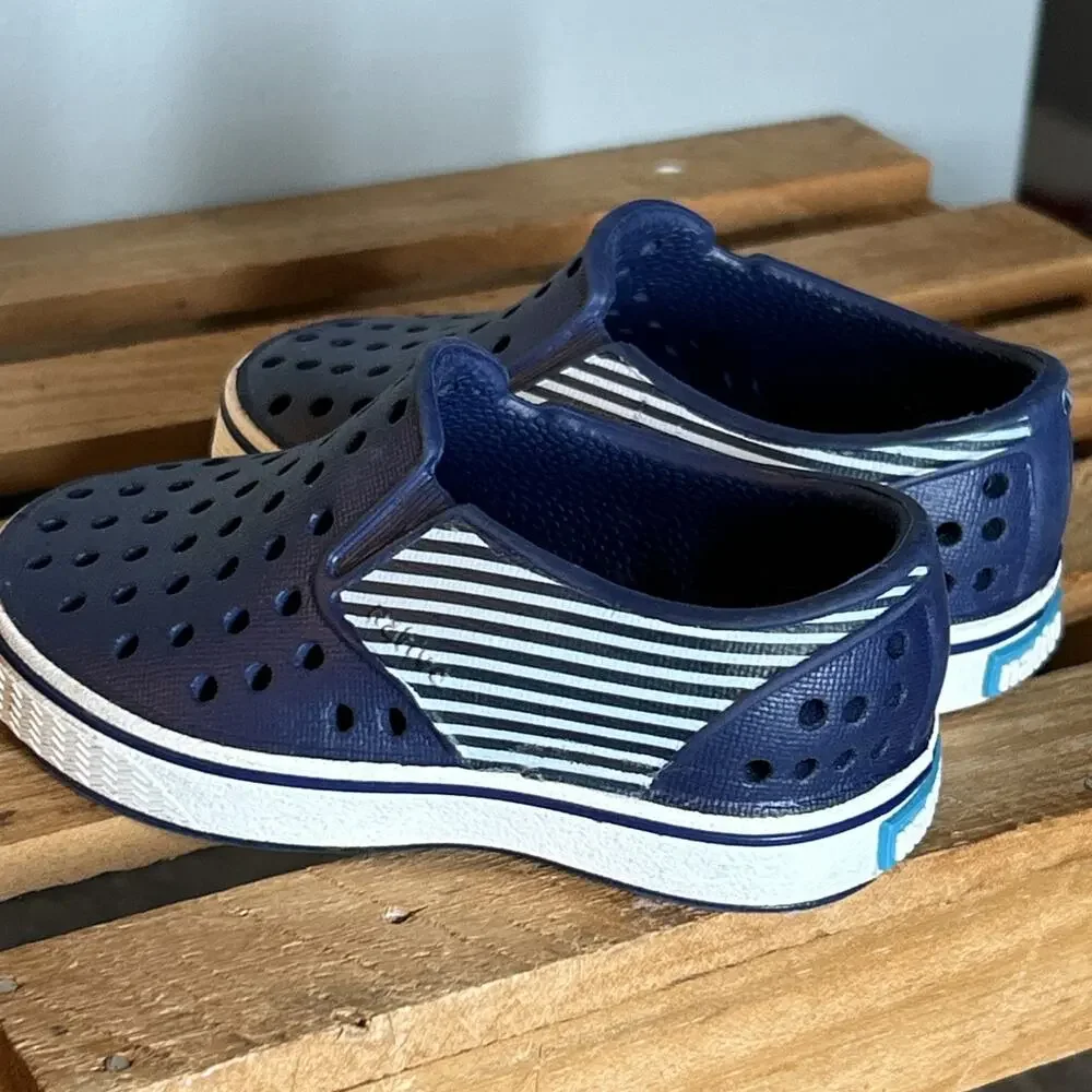 Native Miles Navy Blue White Stripes Baby Shoes Sz C4 Nautical Preppy